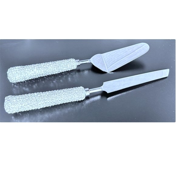 Cake Knife & Server Set Silver with Silver Crystal Handles, Wedding, Anniversary - Picture 1 of 2